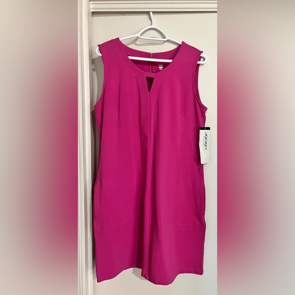 NWT Jockey hot pink sleeveless stretchy cotton blend midi dress with pockets